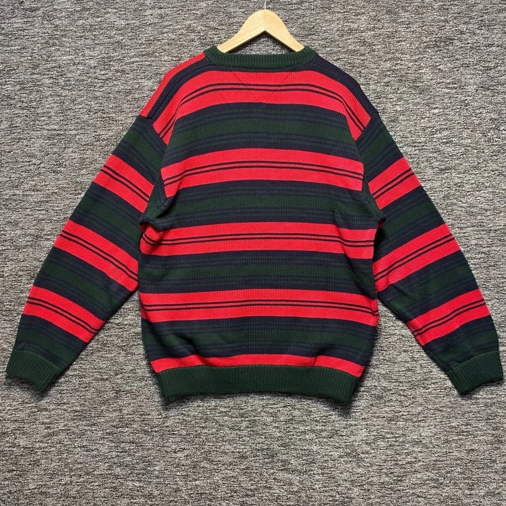 VTG Tommy Hilfiger Sweater Mens L Striped Knit Red Green Navy Crest Logo 90s